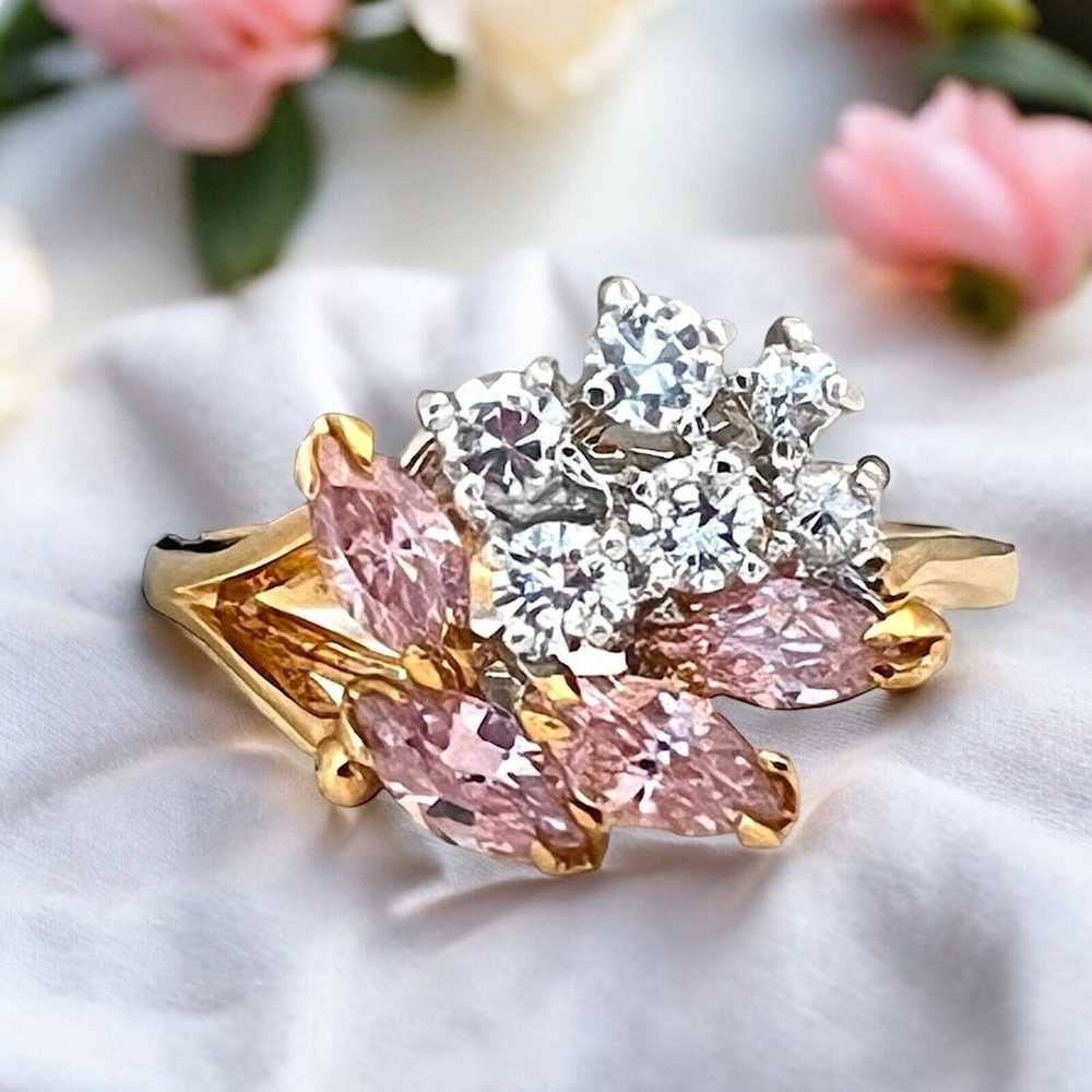 Vintage Ring Size 9 Pink & Clear CZ Cluster 14K G… - image 1