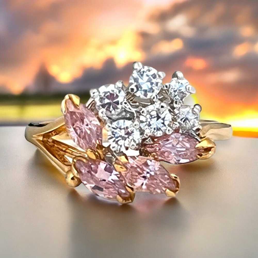 Vintage Ring Size 9 Pink & Clear CZ Cluster 14K G… - image 2