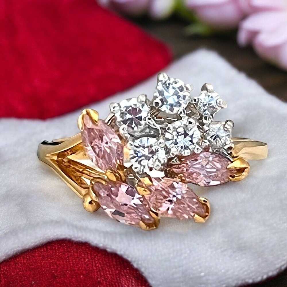 Vintage Ring Size 9 Pink & Clear CZ Cluster 14K G… - image 3