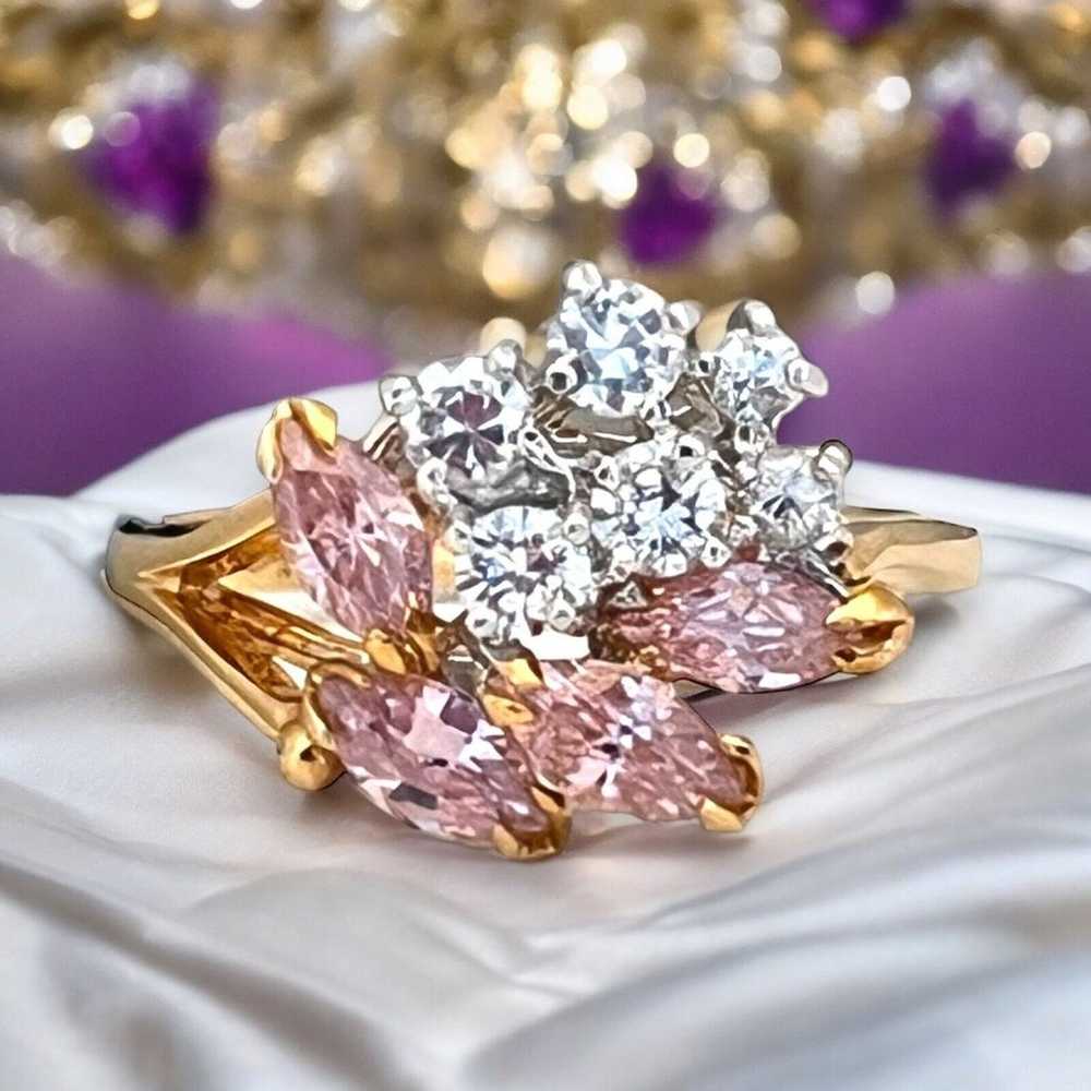 Vintage Ring Size 9 Pink & Clear CZ Cluster 14K G… - image 4