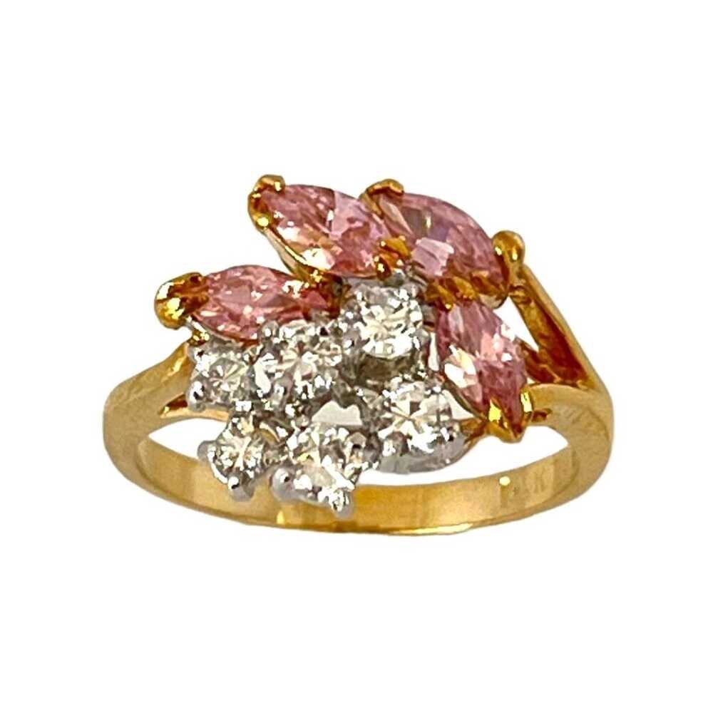 Vintage Ring Size 9 Pink & Clear CZ Cluster 14K G… - image 5