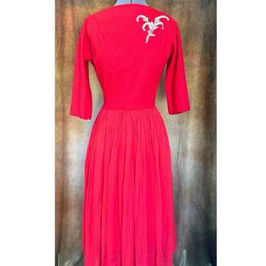 S Vintage 1950s Red Taffeta Felt Dress Beaded Bod… - image 1