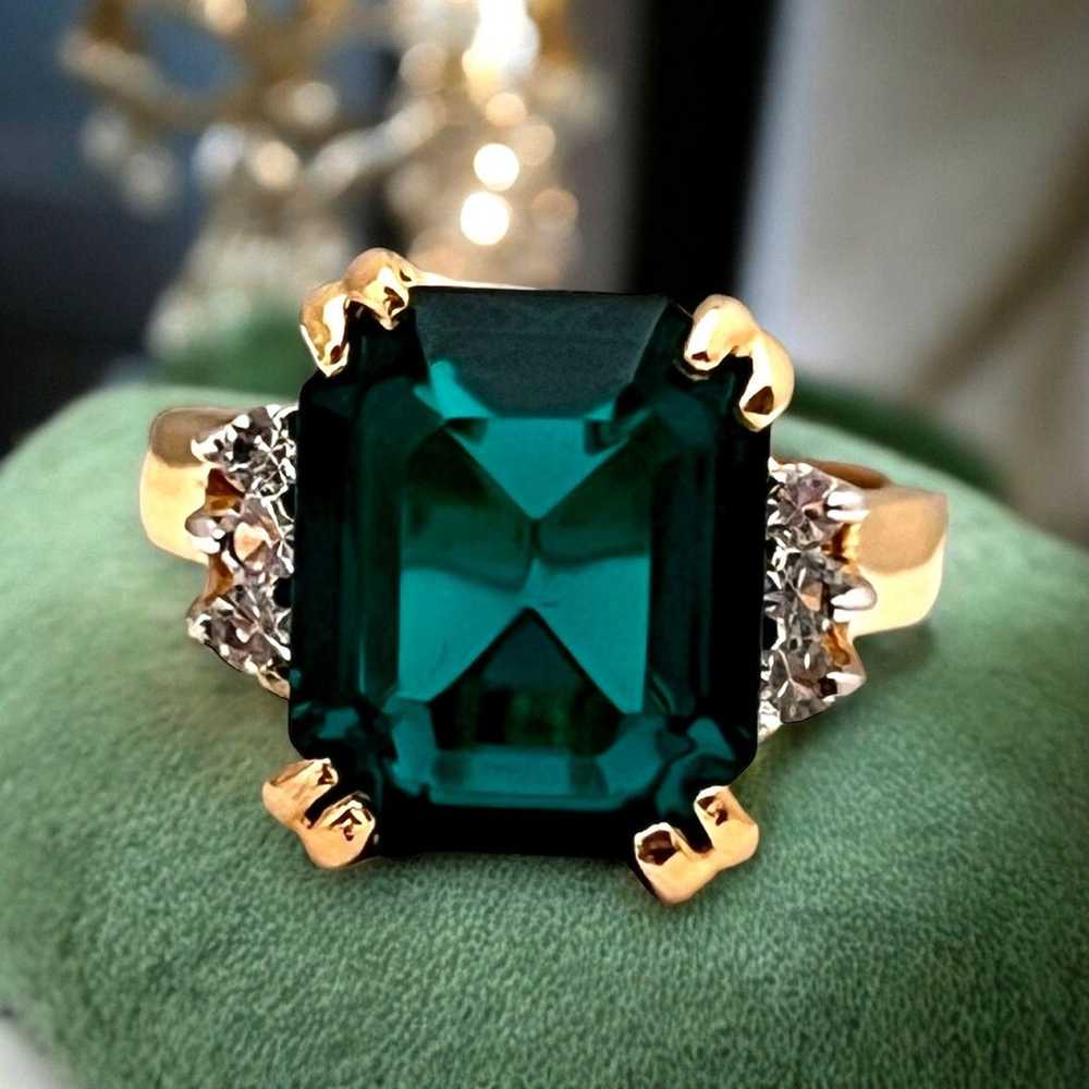 Vintage Ring Size 7 Emerald Austrian Crystal 14K … - image 1