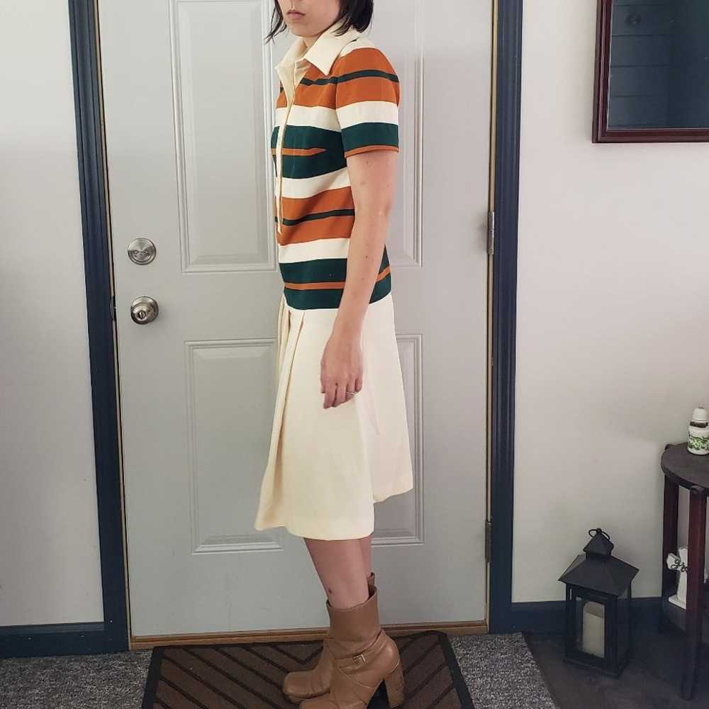 70s Cream, Green, and Orange Drop Waist Dress - image 2