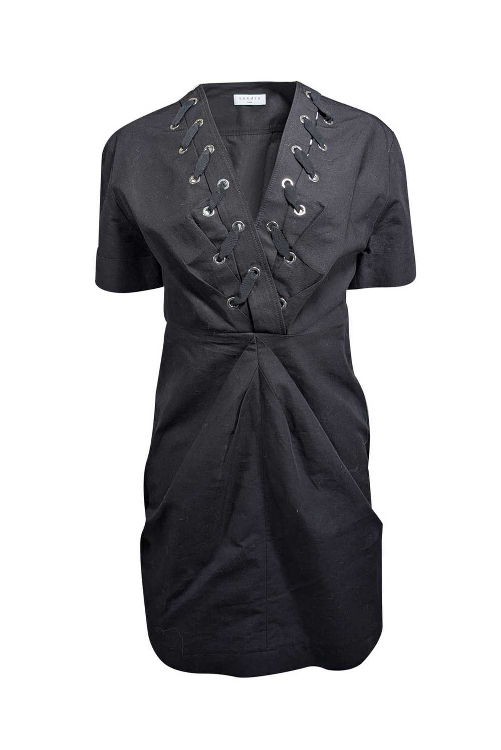 Sandro - Black Lace-Up Gathered Front Dress Sz 4 - image 1