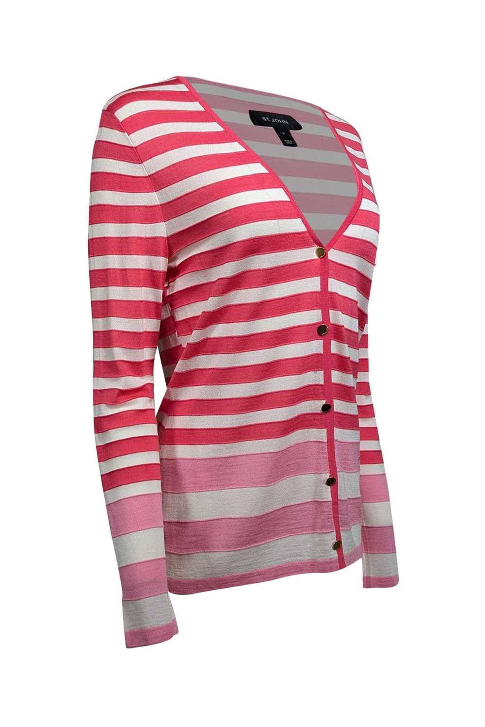 St. John - Pink & White Stripe Button Front Cardi… - image 2