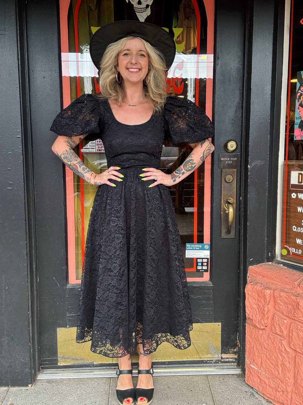 Vintage 80s black lace scoop back midi dress - image 1