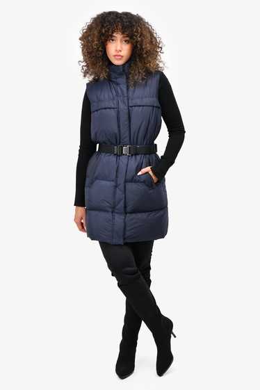 Prada Navy Blue Cinched Waist Puffer Vest with Bla