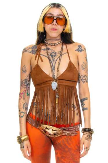 Vintage Y2K Brown Fringe Halter Top - S/M