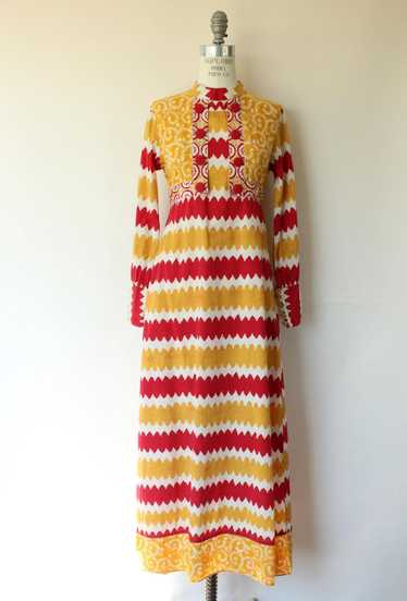 Vintage 1970s Red and Yellow Cotton Boho Maxi Dres