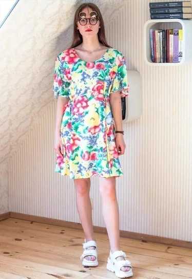 Bright colourful floral short sleeve dress