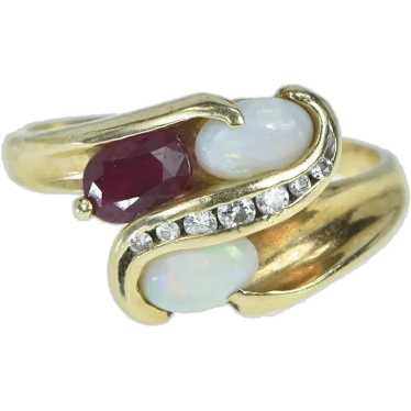 14K Ruby Opal Diamond Wavy Bypass Statement Ring … - image 1