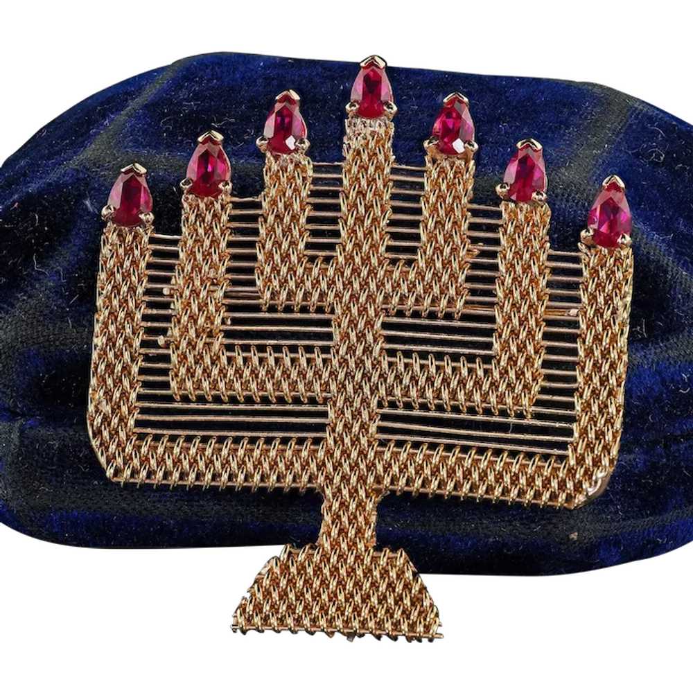 Vintage 18K Yellow Gold Weaved Menorah Ruby Pin a… - image 1