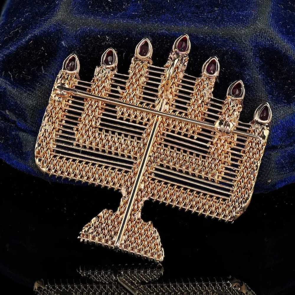 Vintage 18K Yellow Gold Weaved Menorah Ruby Pin a… - image 2