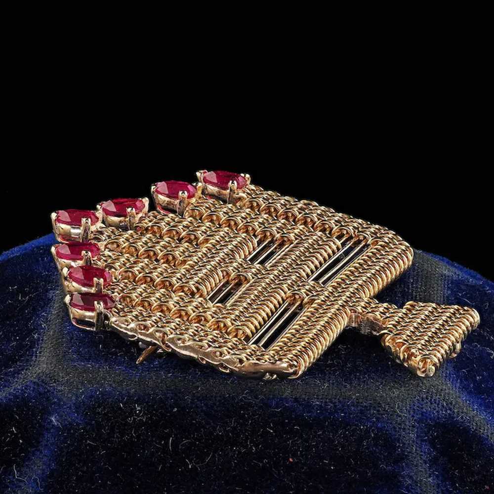 Vintage 18K Yellow Gold Weaved Menorah Ruby Pin a… - image 3