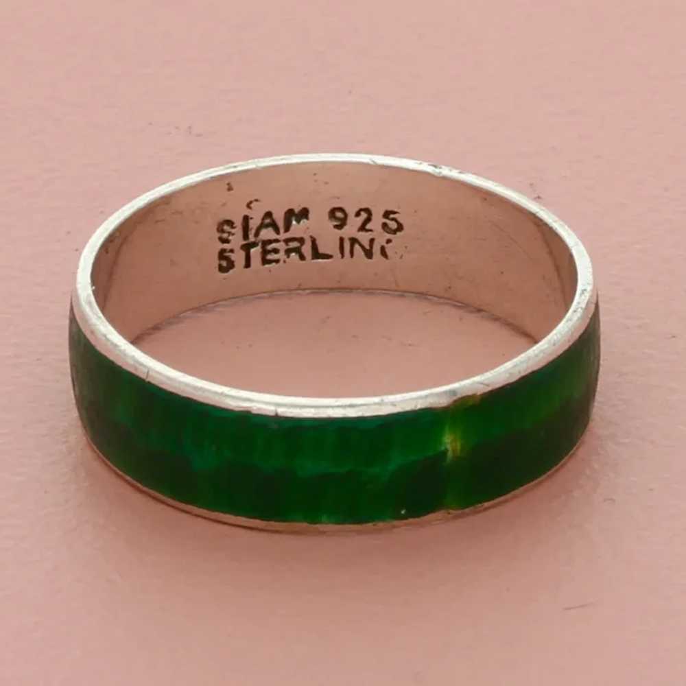 Sterling Silver Vintage Siam Green Enamel Band Ri… - image 3