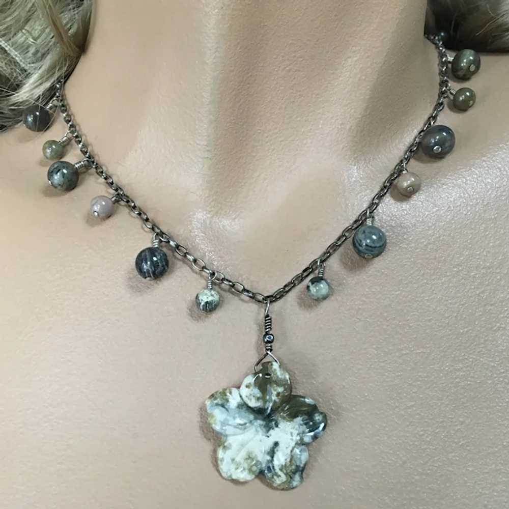 Crazy Lace Agate Flower Pendant Necklace With Dan… - image 2