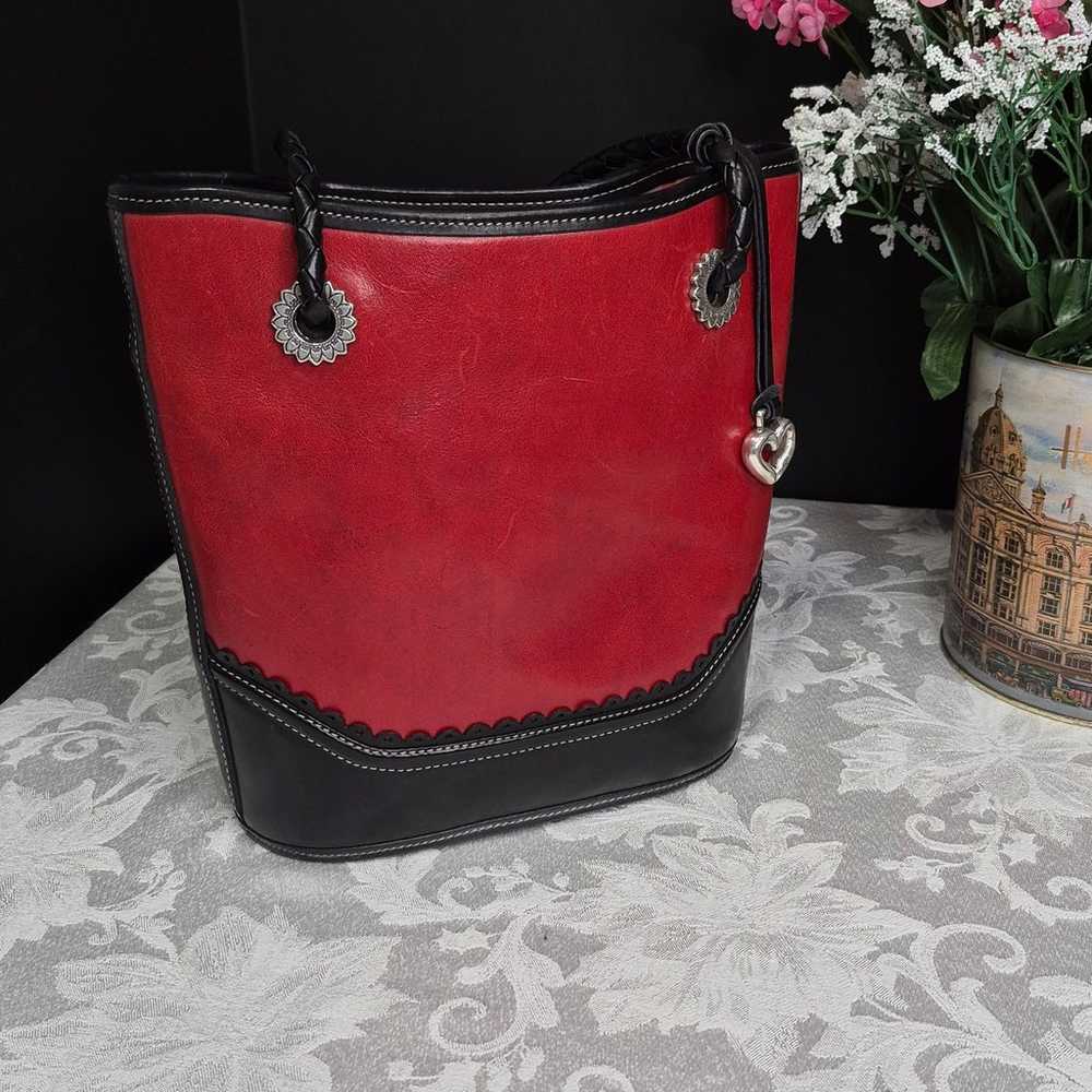 Vintage Brighton Red & Black Leather Bucket Shoul… - image 1