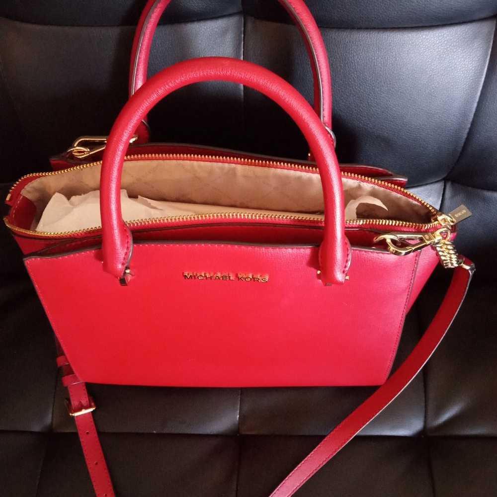 Red Leather Michael Kors Satchel Purse - image 5