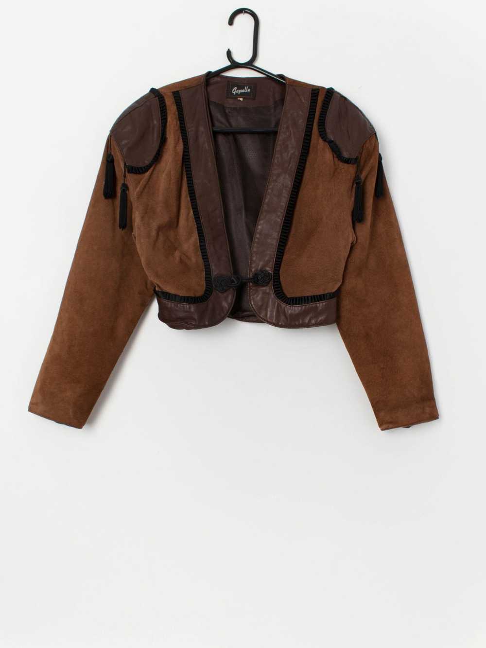 80s vintage tam and brown cropped leather jacket … - image 1