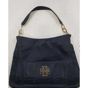 Tory Burch Britten Navy Blue Pebbled Leather Hobo 