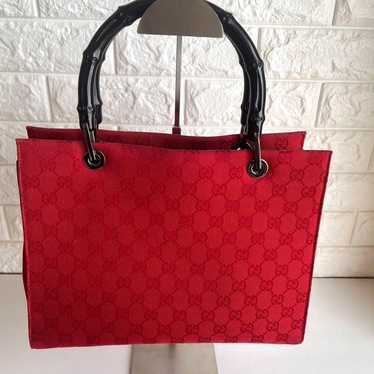 Superb item! Gucci GG Pattern Bamboo Tote Bag Red