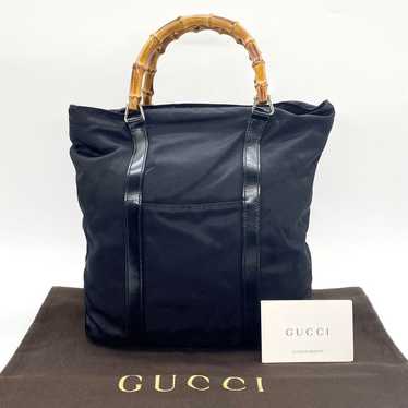 GUCCI Bamboo Nylon Leather Black Handbag.