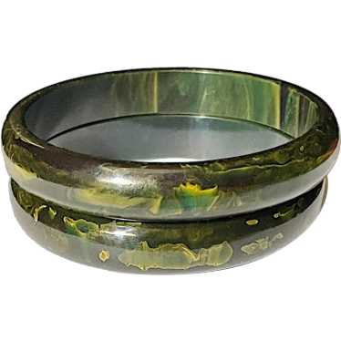 Bakelite Extra Wide Bracelet Green Marbleized Yellow Bluemoon 2024 Vintage