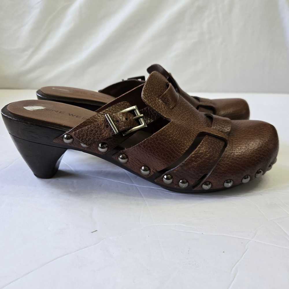 Nine West Brown Leather Clogs Size 6M Studded Buc… - image 2