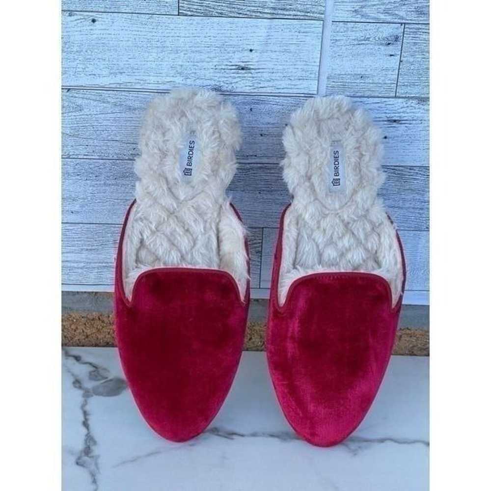 Birdies The Phoebe Ruby Red Velvet Faux Fur Mules… - image 2