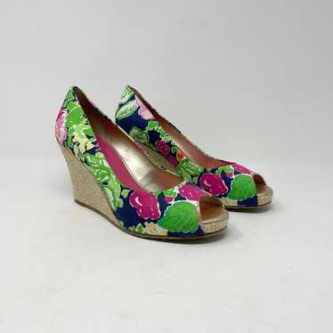 Lilly Pulitzer Navy Green Pink Floral Peep Toe We… - image 1