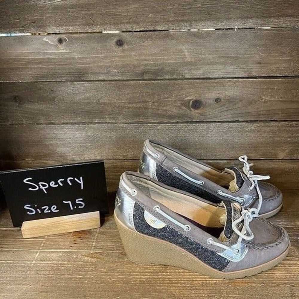 Womens Sperry Goldfish Gray Sequin Wedge Heeled D… - image 1