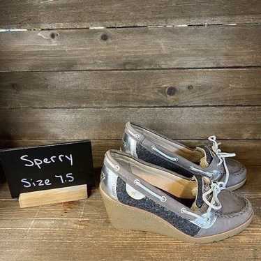 Womens Sperry Goldfish Gray Sequin Wedge Heeled D… - image 1