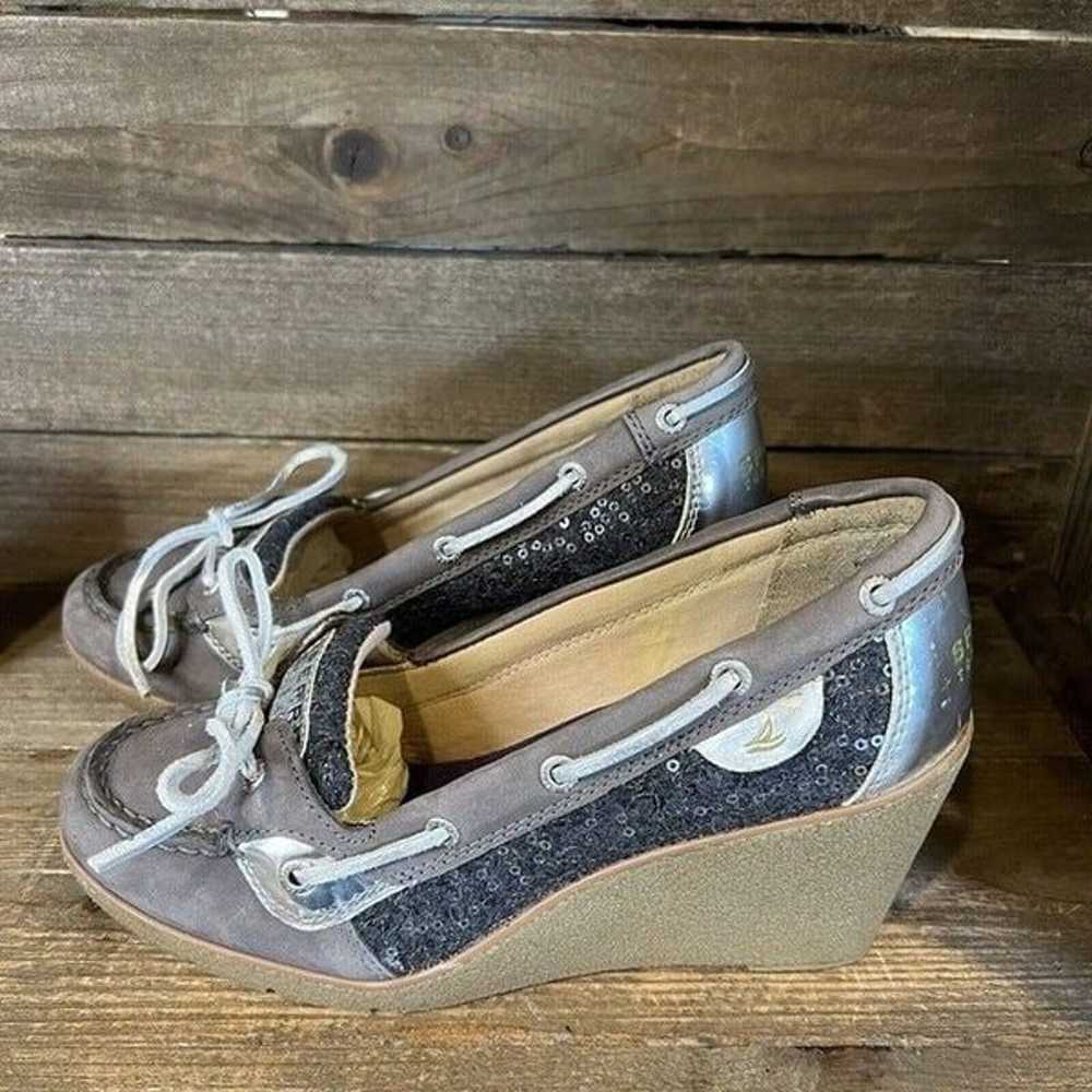 Womens Sperry Goldfish Gray Sequin Wedge Heeled D… - image 2