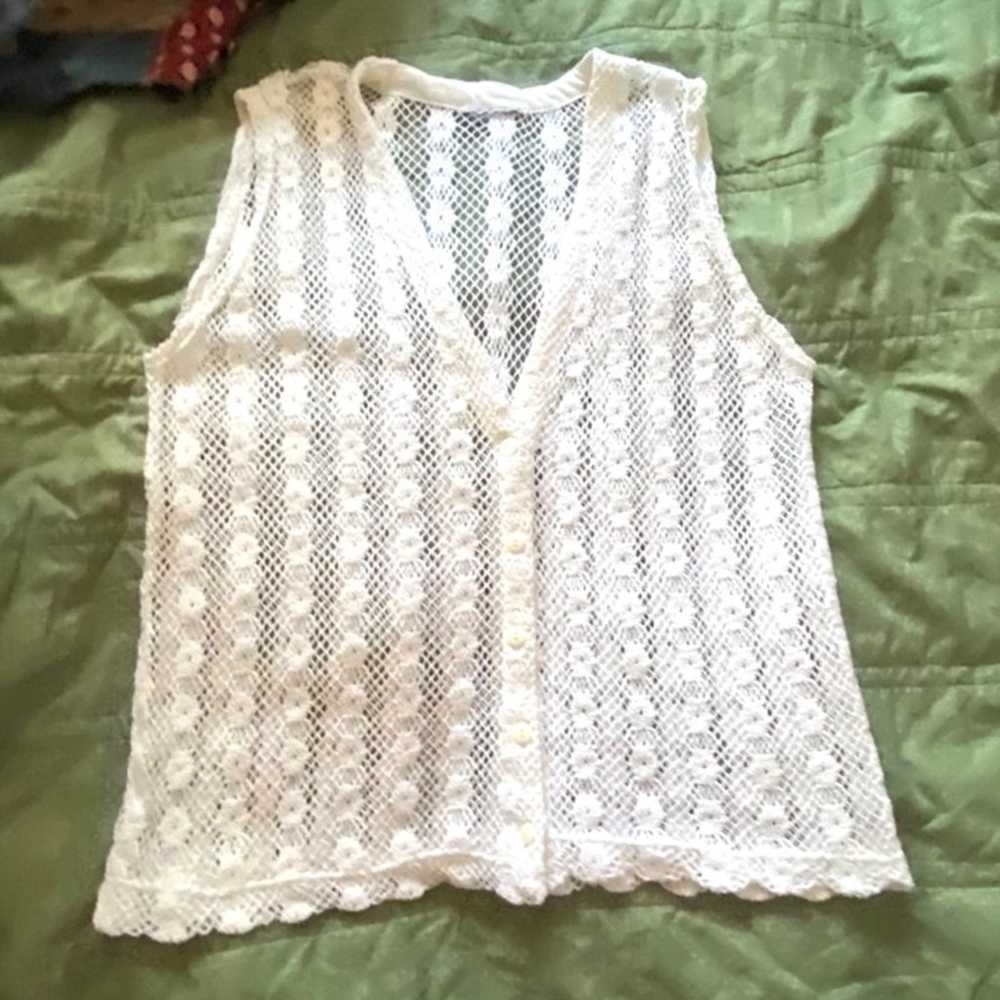 Vintage White Crochet Sleeveless Button-Down Vest… - image 1