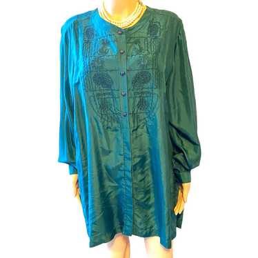 VTG Adrian Jordan Boho Silk Satin Green ButtonUp … - image 1