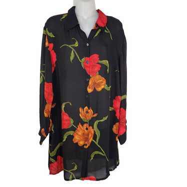 Chicos Design Top Sz 1 Medium 100% Silk Black Red… - image 1