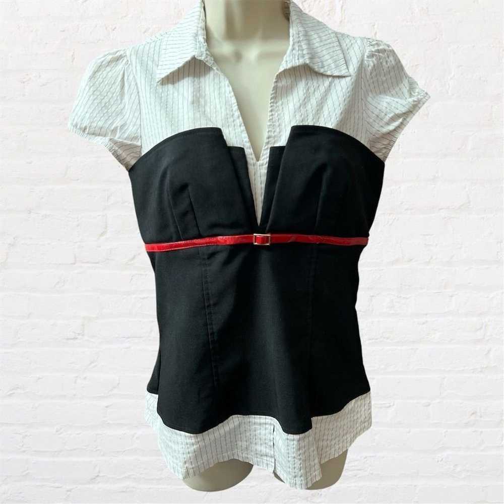 Y2K Black White Red Pinstripe Top Blouse Retro Se… - image 1