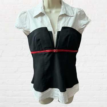 Y2K Black White Red Pinstripe Top Blouse Retro Se… - image 1