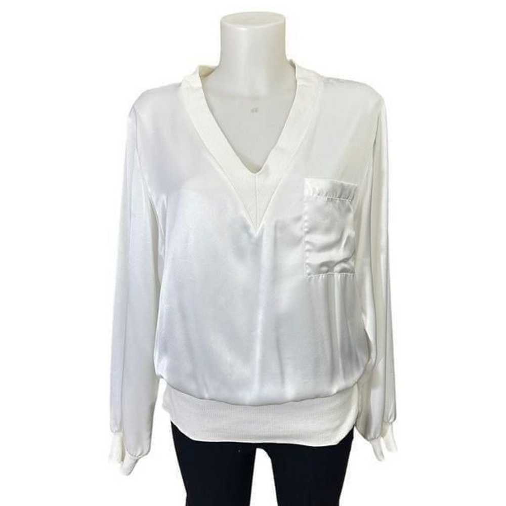 OLEG CASSINI Vintage White Satin V neck Ribbed Tr… - image 1