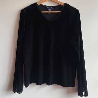 90s V-neck velour top in black by Hooked Itimi. - image 1