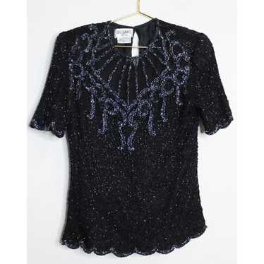 VTG Black Beaded Silk Sheer Encrusted Blouse - Me… - image 1