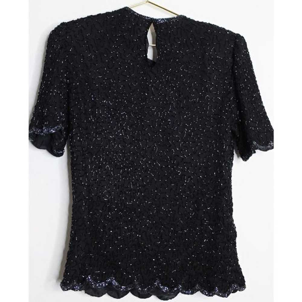 VTG Black Beaded Silk Sheer Encrusted Blouse - Me… - image 3