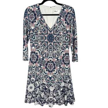 Eliza J 4 Blue Pink Paisley Geometric Print V Nec… - image 1