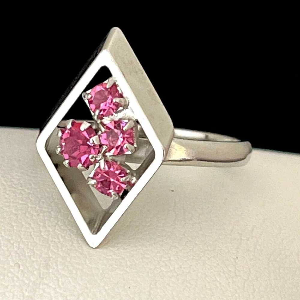 Vintage Costume Ring Silver Tone Prong Set Pink R… - image 1