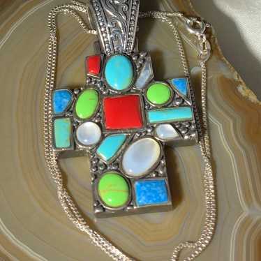 STERLING SILVER VINTAGE MULTI COLORED GEMSTONE CR… - image 1