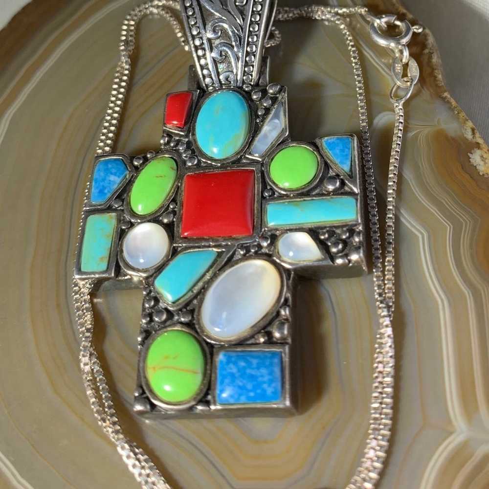 STERLING SILVER VINTAGE MULTI COLORED GEMSTONE CR… - image 2