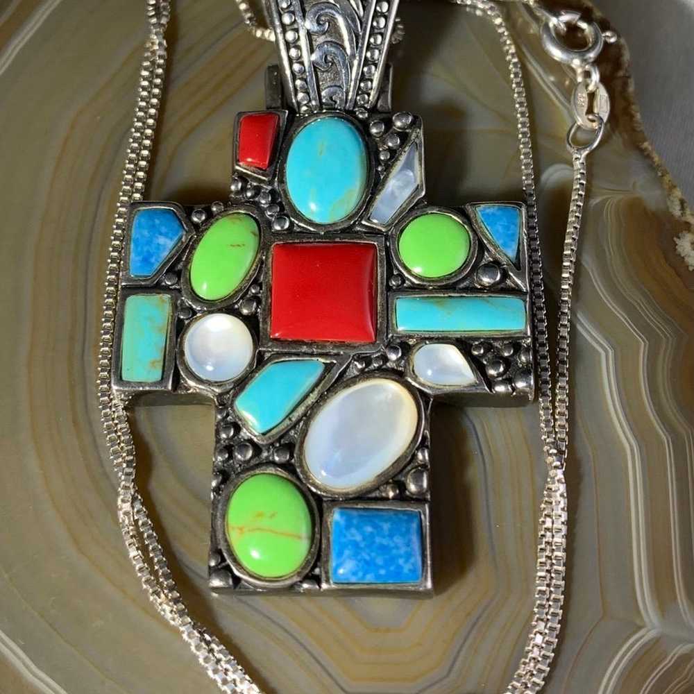 STERLING SILVER VINTAGE MULTI COLORED GEMSTONE CR… - image 4