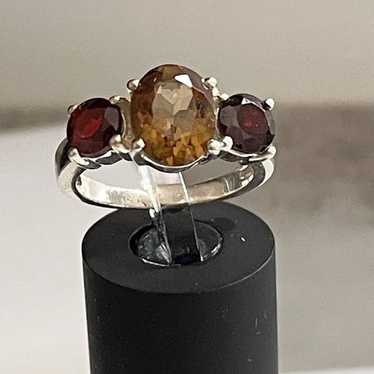 Three Stone Genuine Red Garnet Yellow Citrine Ste… - image 1