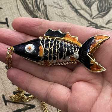 Large bendable enamel cloisonné gold plated fish … - image 1